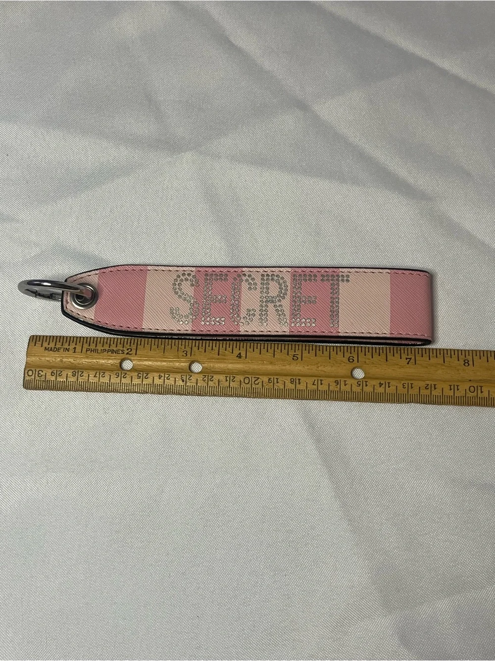 Victoria's Secret Pink Striped Leather Key Strap with Rhinestone Logo